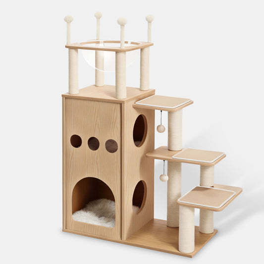 Modern wooden cat tree with multiple levels, 
hammock, cozy nooks, and scratching posts 
for cats to play and relax