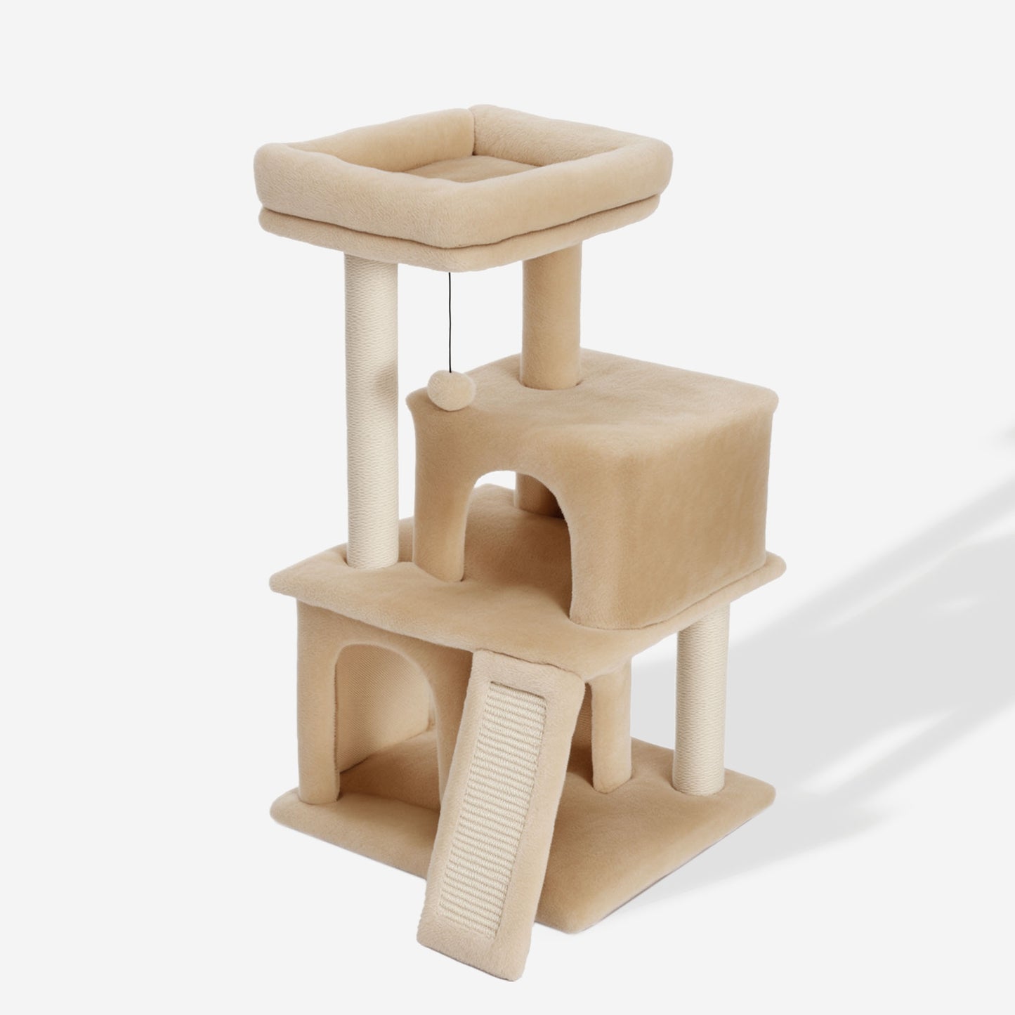 A compact multi-level cat tree with soft plush covering, a sisal scratching ramp for climbing and scratching, a cozy hideaway condo, perches for lounging, and a dangling toy.