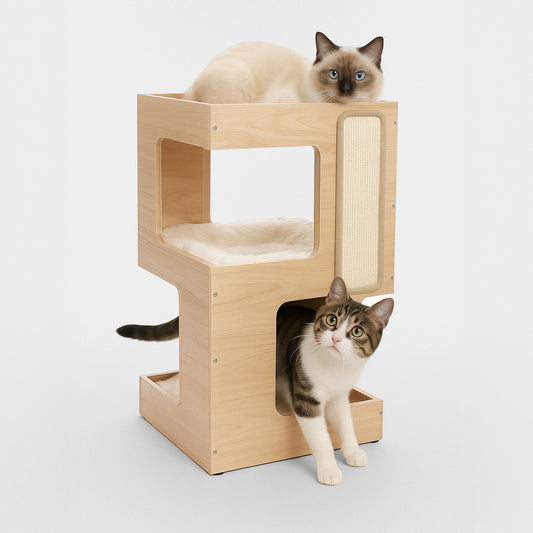 Space-Saving Wooden Cat Tree with Hideaway Condo