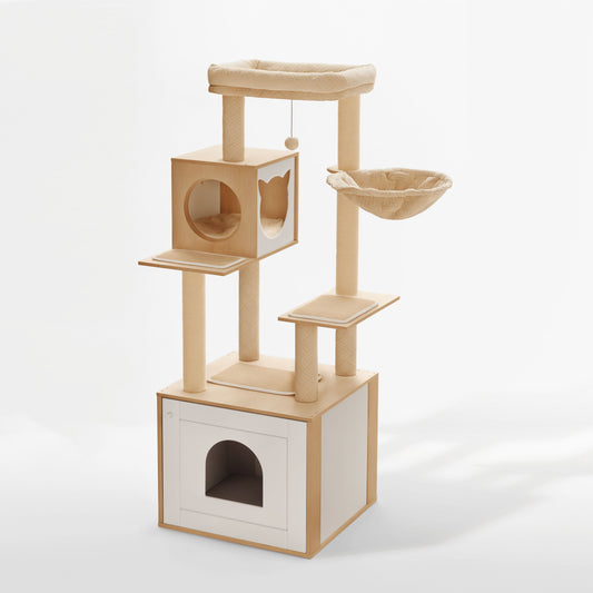 Stylish multi-level cat tree with a storage base, featuring platforms, a cozy hammock, dual hideaways, sisal scratching posts, and a hanging toy ball.